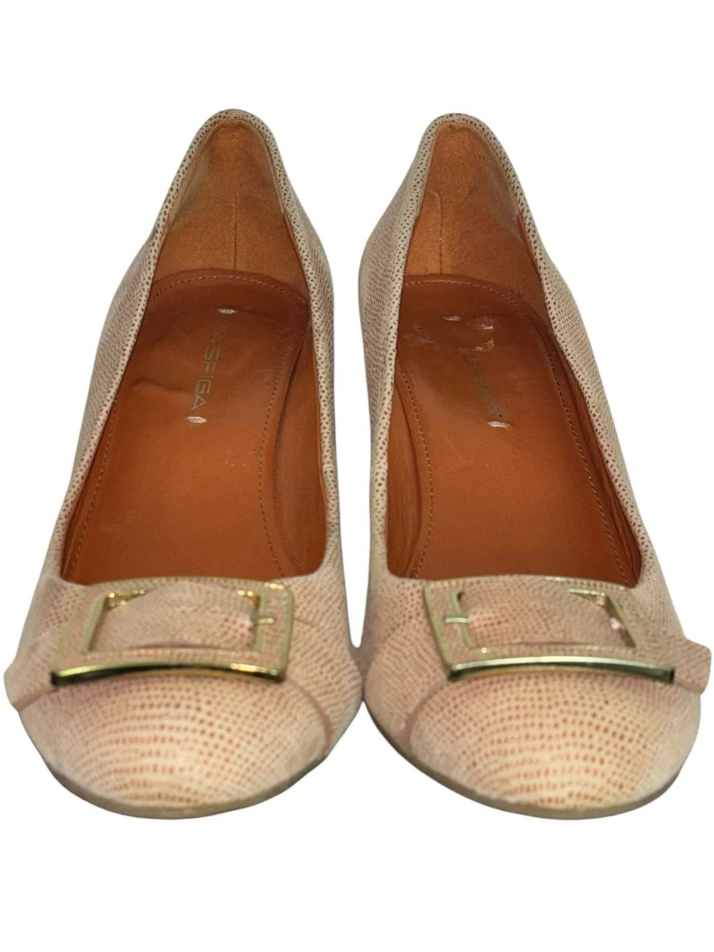 Via Spiga Faina Wedge Pump Beige Lizard Embossed Leather Buckle Heel 8.5